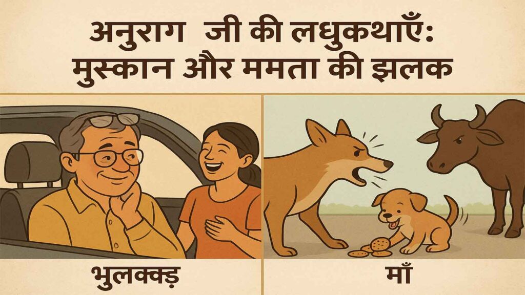 Digital illustration showing two Hindi short stories by Anurag Ji — “Bhulakkad” and “Maa”. The top text reads “अनुराग जी की लघुकथाएँ: मुस्कान और ममता की झलक”. One side shows a humorous couple in a car, and the other depicts a mother dog protecting her puppy from a cow.
