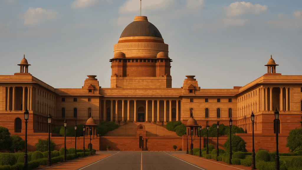 Rashtrapati Bhavan, the presidential palace on Raisina Hill in New Delhi, glowing in golden evening sunlight with its majestic dome and colonial architecture
