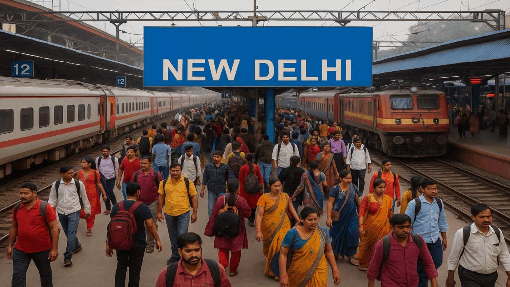 Passengers crowding New Delhi Railway Station platforms during Diwali and Chhath festival rush, with trains on both sides and “NEW DELHI” station sign visible.