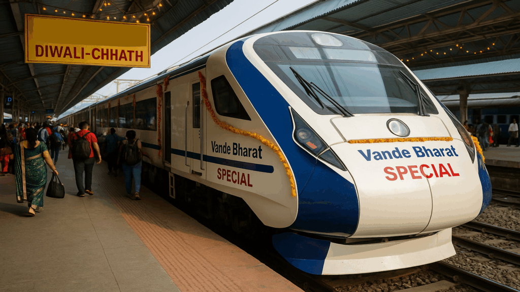 Vande Bharat Special train decorated with marigold garlands at an Indian railway station during Diwali and Chhath, with passengers boarding in festive attire.