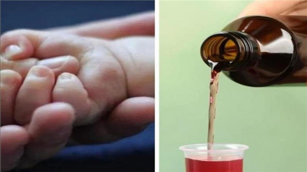 Close-up of a baby’s hand alongside a cough syrup being poured into a measuring cup, symbolizing the toxic cough syrup tragedy involving child deaths in India.