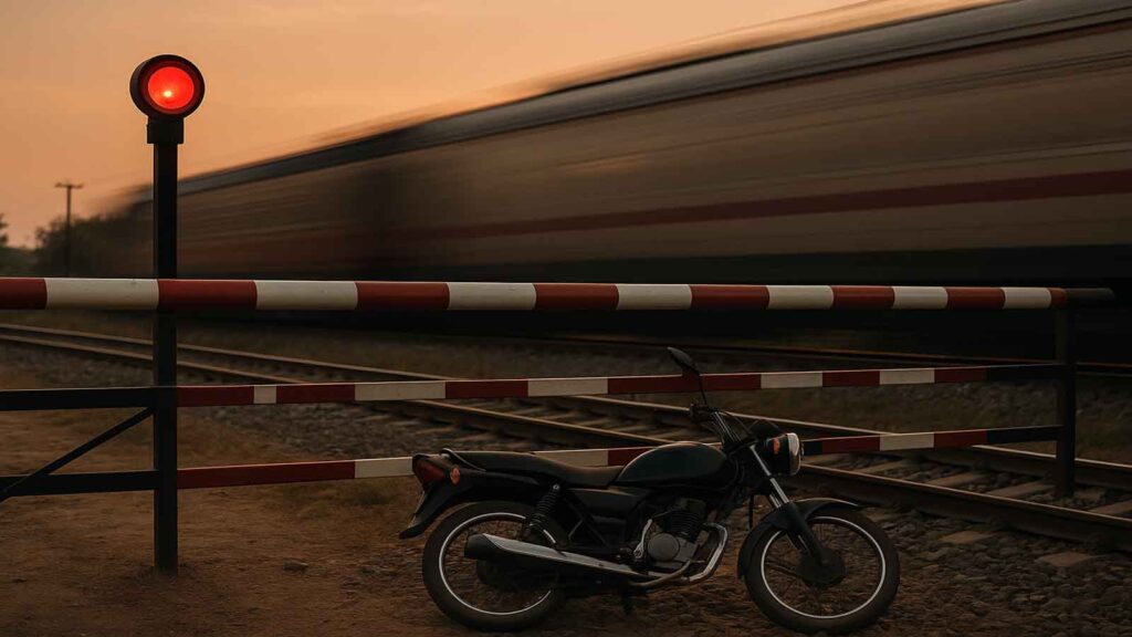 A motorcycle lying near a closed railway crossing gate as a train speeds past at sunset in Greater Noida.