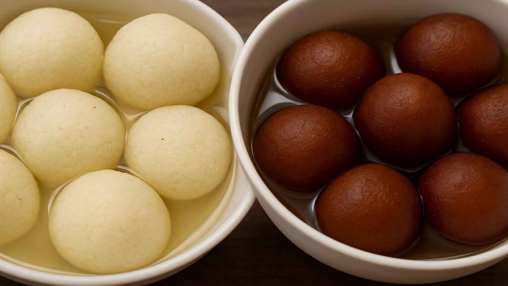 Close-up image showing bowls of traditional Indian sweets — Rasgullas on the left in light syrup and Gulab Jamuns on the right in dark sugar syrup
