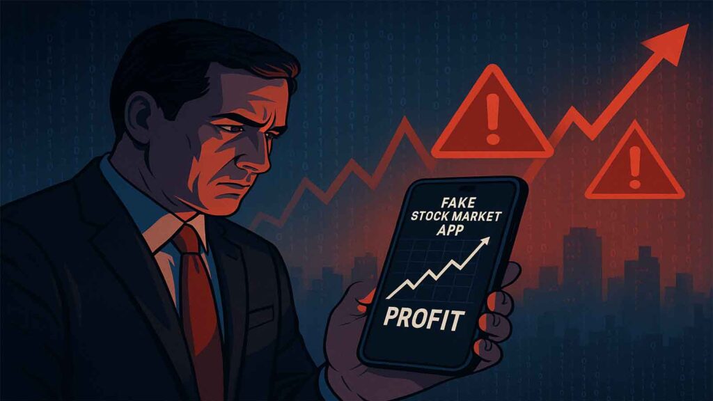 A worried businessman looks at his smartphone showing a fake stock market app with a rising profit graph and red warning signs in the background.