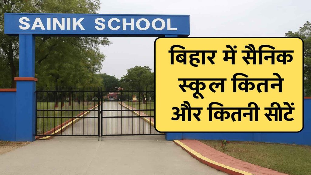 Entrance gate of Sainik School in Bihar with Hindi text showing total schools and seats information