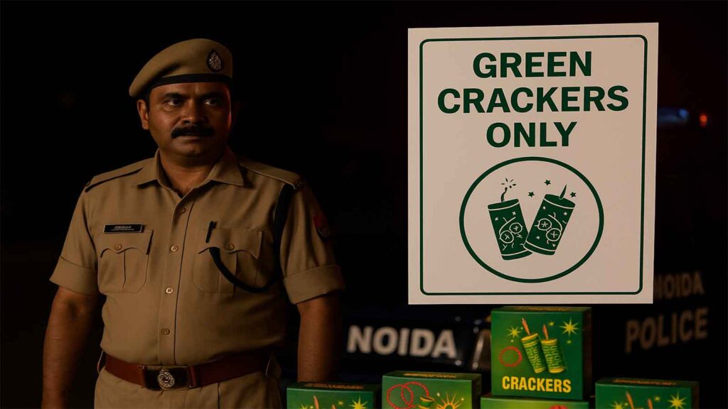 A Noida Police officer stands beside a signboard reading “Green Crackers Only” during a public awareness campaign ahead of Diwali; boxes of eco-friendly crackers are placed in front