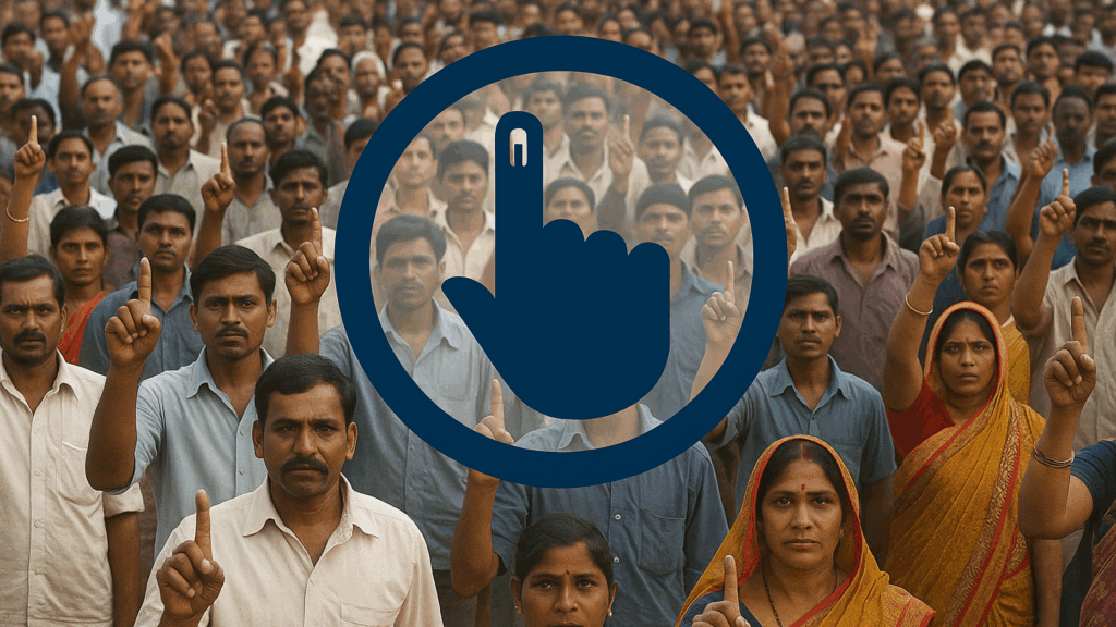 A large crowd of Indian voters raising their ink-marked fingers in unity, symbolizing participation in democracy, with a blue voting symbol overlayed in the center.