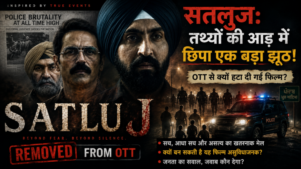 Sutluj movie poster with headline about the film being removed from OTT over controversy and alleged misleading narrative.